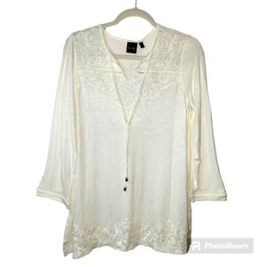 Rafaella 3/4 Sleeve  Embroided  Knit Top, Viscose, S, Egret, NWT